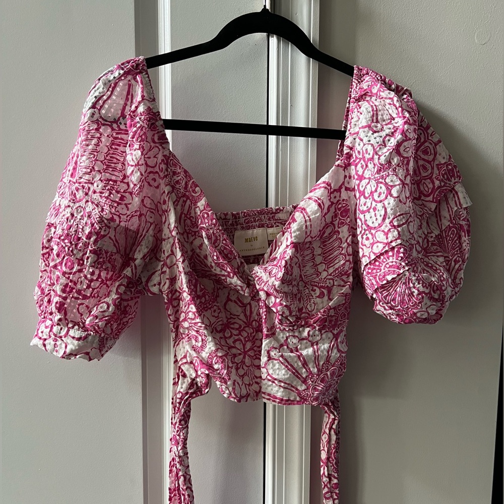 Anthropologie Maeve Pink and White Floral Print Tie Back Crop Top